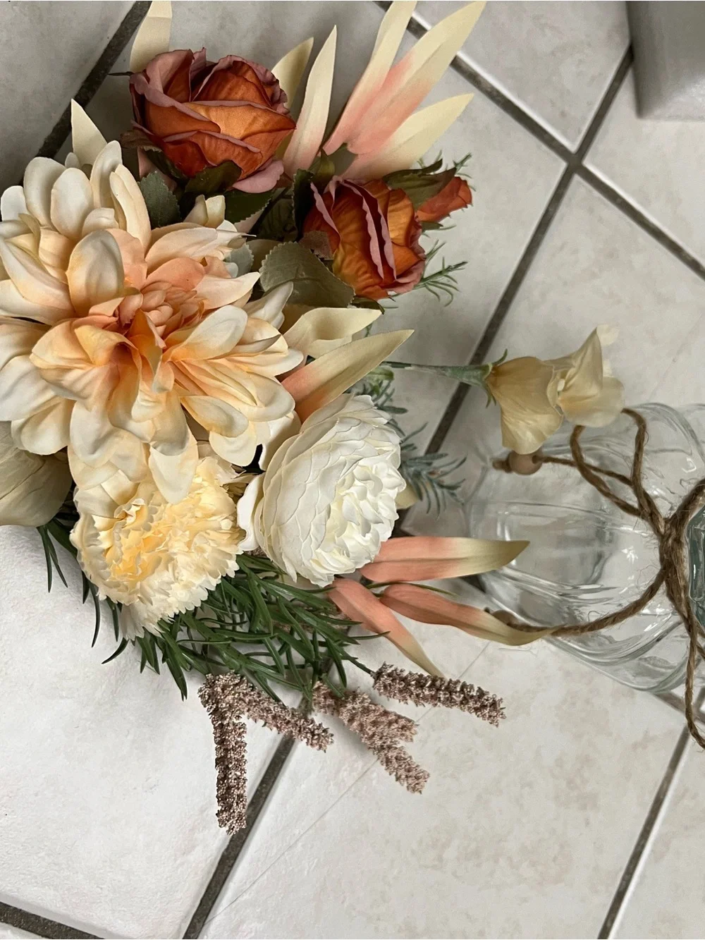 Artificial Cream and Peach Floral Arrangement in Glass Vase